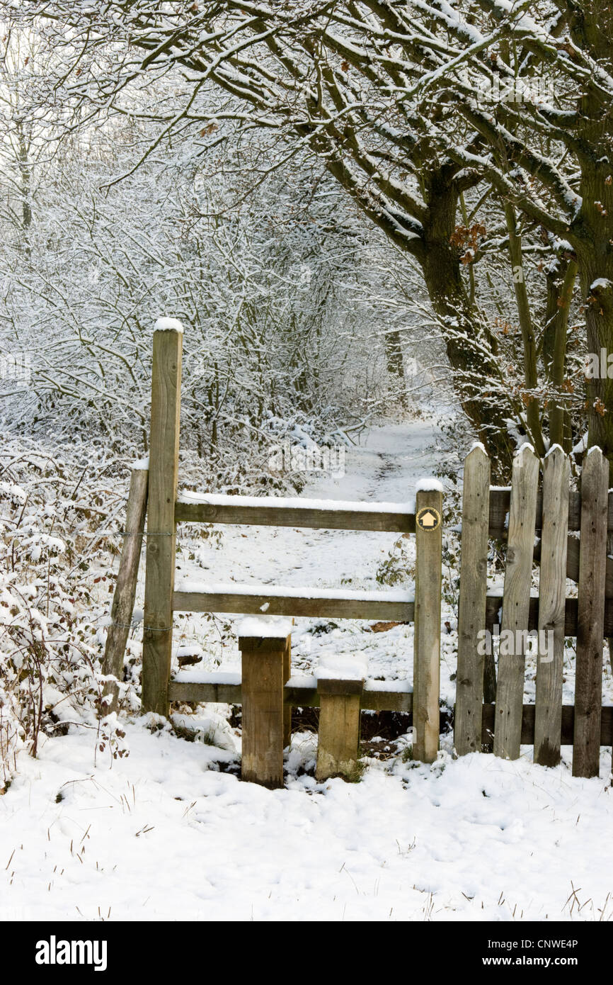Stile and path in snow. Surrey, UK Stock Photo