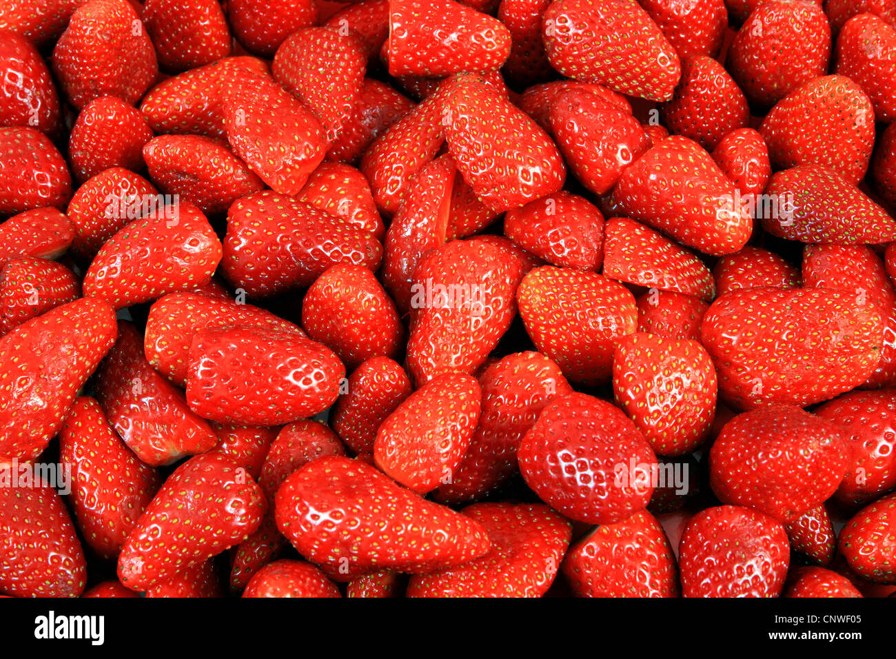 hybrid strawberry, garden strawberry (Fragaria x ananassa, Fragaria ananassa), cleaned and cut strawberries Stock Photo