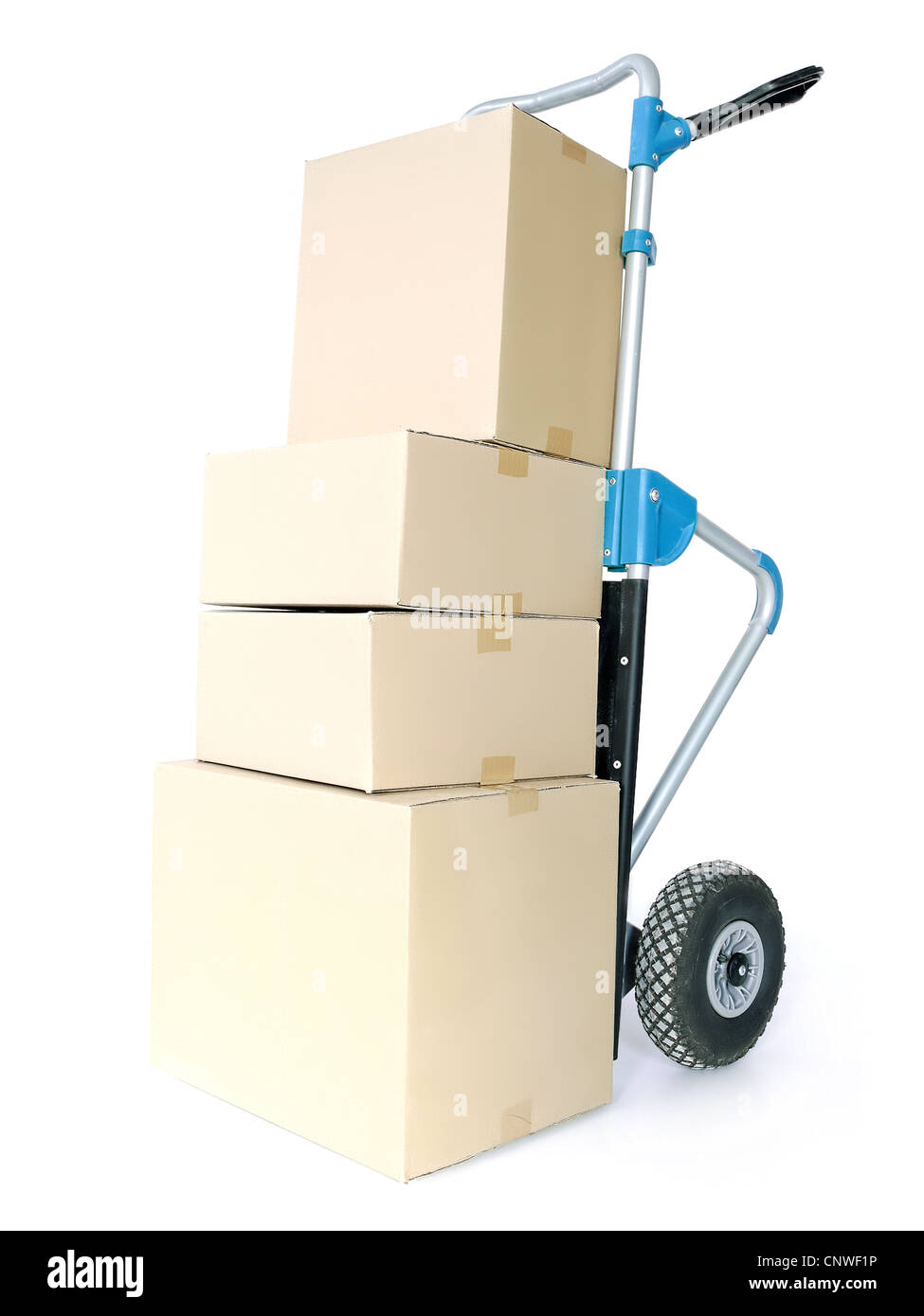 Pile of cardboard parcels loaded on hand truck on white background Stock Photo