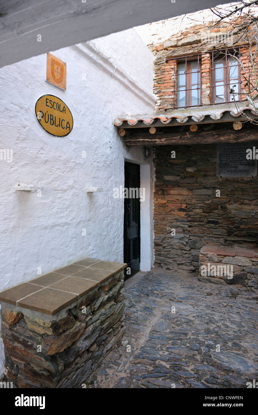 Public school entrance at Monsaraz, medieval village, Alentejo, Portugal Stock Photo