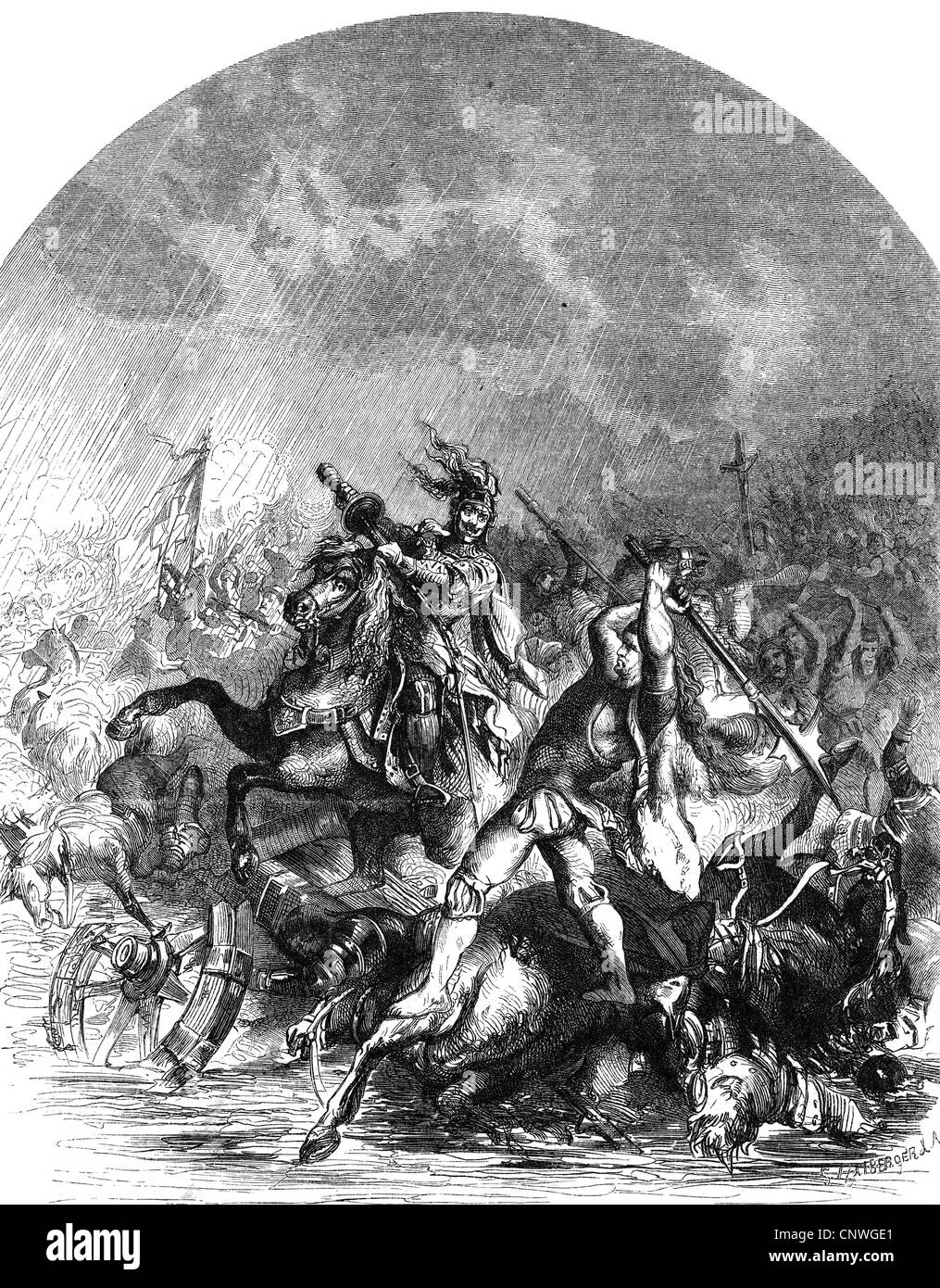 literature, fairy tales and legends, Reimer von Wiemerstedt kills the landsknecht leader Thomas Slentz (Schleinitz) in the Battle of Hemmingstedt, wood engraving, illustration from a book by Wilhelm Zimmermann, 19th century, Wulf Isebrand, legend, fight, fighting, Germany, 16th century, historic, historical, people, Additional-Rights-Clearences-Not Available Stock Photo