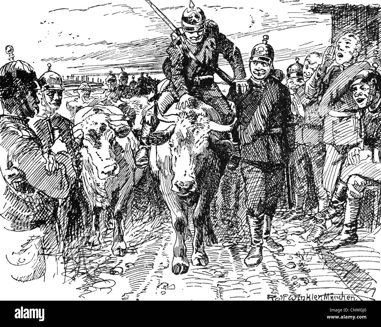 events, Franco-Prussian War 1870 - 1871, supplies, Prussian soldiers with confiscated oxen, drawing by Rudolf Winckler, late 19th century, Additional-Rights-Clearences-Not Available Stock Photo
