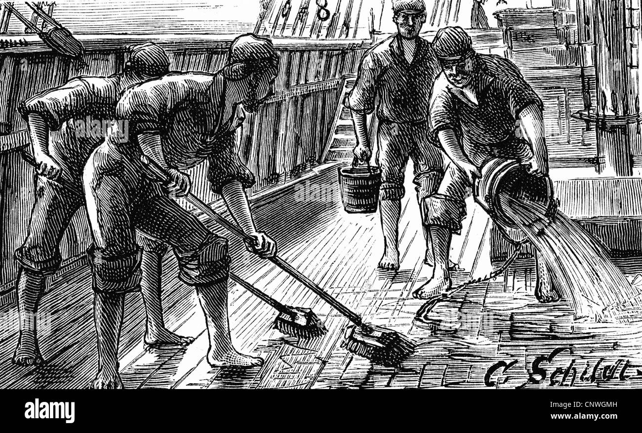 transport / transportation, navigation, life and work, sailors cleaning the ship deck, after drawing by Carl Schildt, wood engraving, 1887, Additional-Rights-Clearences-Not Available Stock Photo