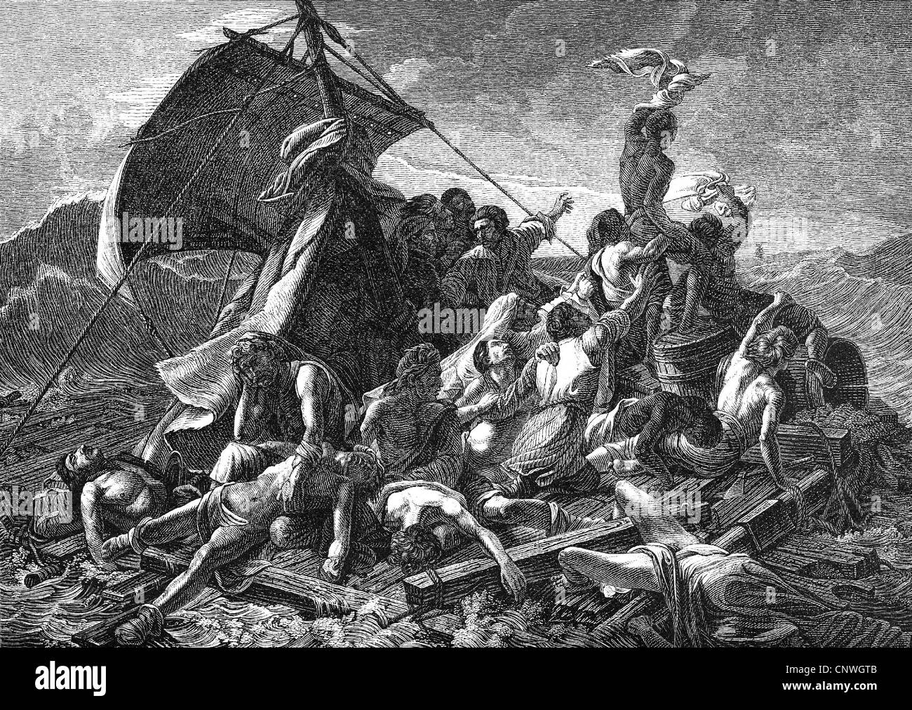 transport / transportation, navigation, disaster, shipwrecked sailors, 'The Raft of the Medusa', wood engraving after painting by Theodore Gericault (1791 - 1824), Additional-Rights-Clearences-Not Available Stock Photo