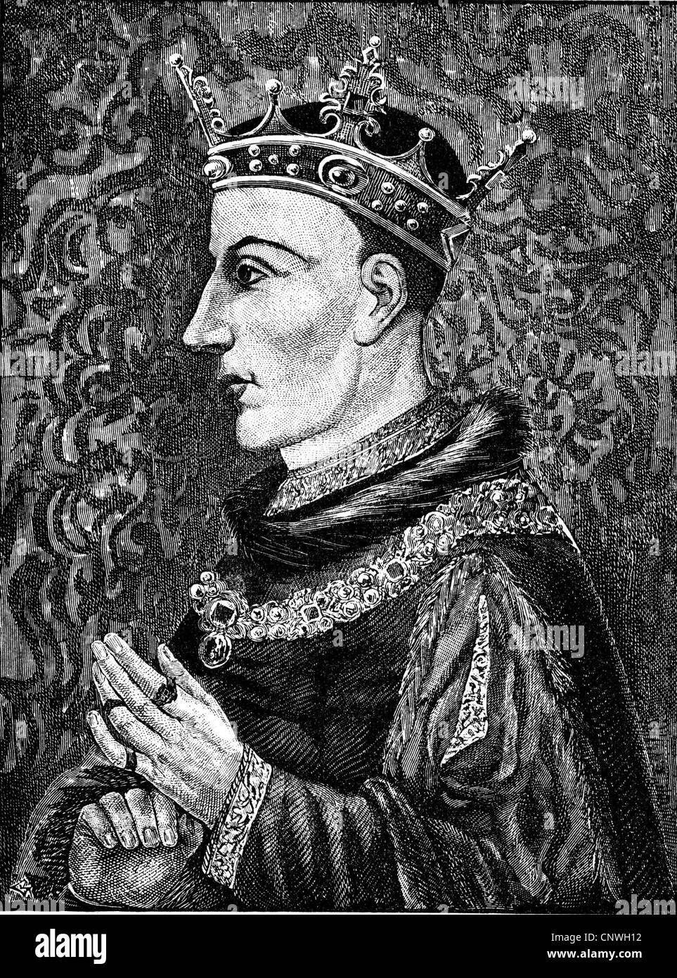 Henry V, 29.85.1387 - 1.9.1422, King of England 21.3.1413 - 21.8.1422, half length, wood engraving, 19th century, Stock Photo