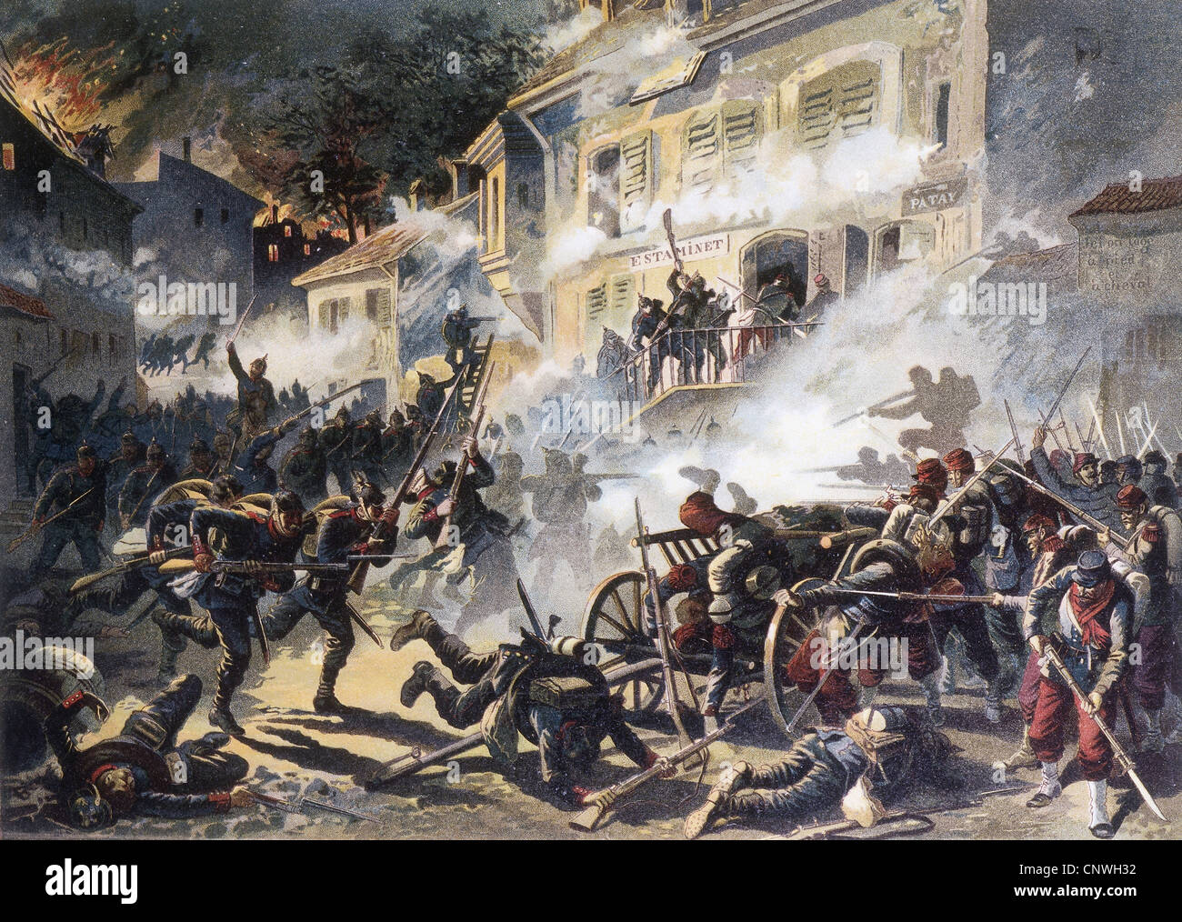 events, Franco-Prussian War 1870 - 1871, Battle of Chateaudun, 18.10.1870, German 43rd Brigade during night combat in the village, chromolithograph after Georg Koch, circa 1895, French Army of the Loire, infantery, soldiers, Hesse, Hessians, urban warfare, night, combat, France, Germany, Franco - Prussian, 19th century, historic, historical, people, Additional-Rights-Clearences-Not Available Stock Photo