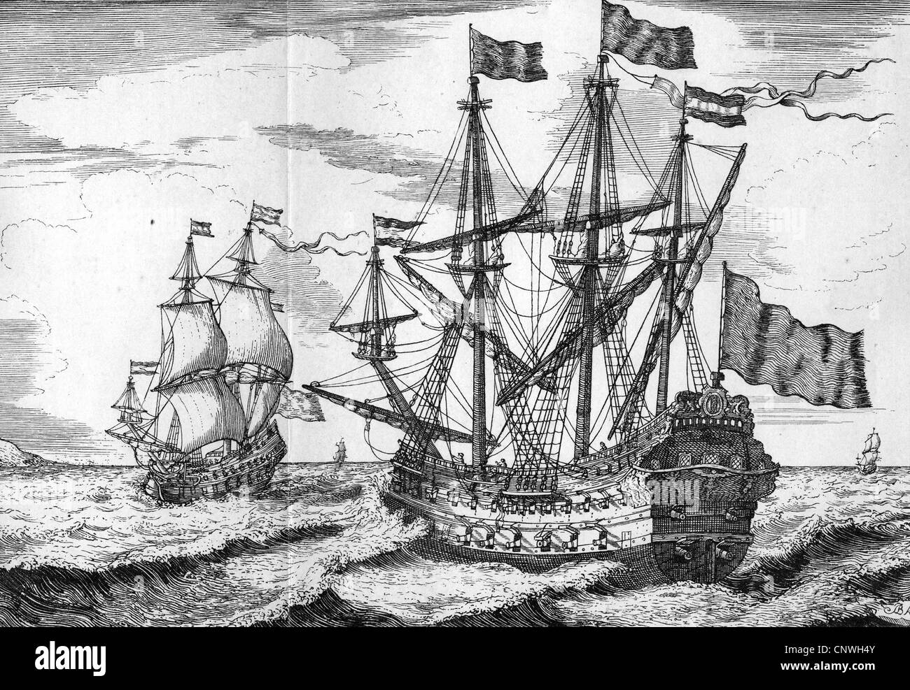 transport / transportation, navigation, warships, Dutch battleship, second half of the 17th century, etching by Ludolf Barthuizen (1631 - 1708), threemasted vessel, warship, warships, sailing ship, sail, sailing ships, sails, Netherlands, colonialism, trade, historic, historical, Additional-Rights-Clearences-Not Available Stock Photo