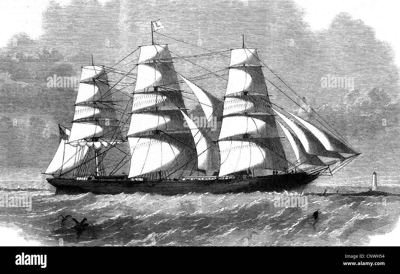 transport / transportation, navigation, sailing ship, clipper, American East Indiaman 'Seaforth', wood engraving, 1863, Additional-Rights-Clearences-Not Available Stock Photo