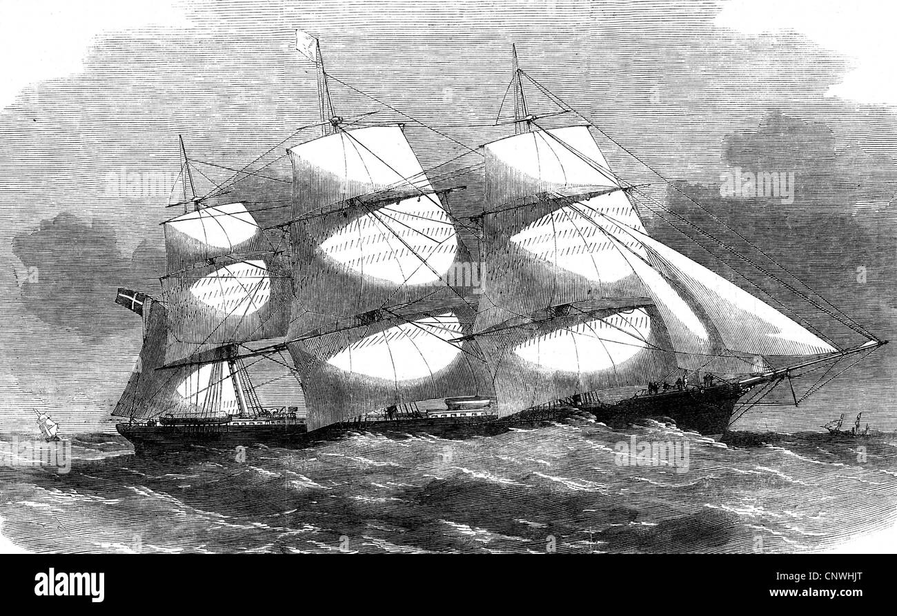 transport / transportation, navigation, sailing ship, clipper  'Cimber', Danish sailing ship, wood engraving, 1858, Additional-Rights-Clearences-Not Available Stock Photo
