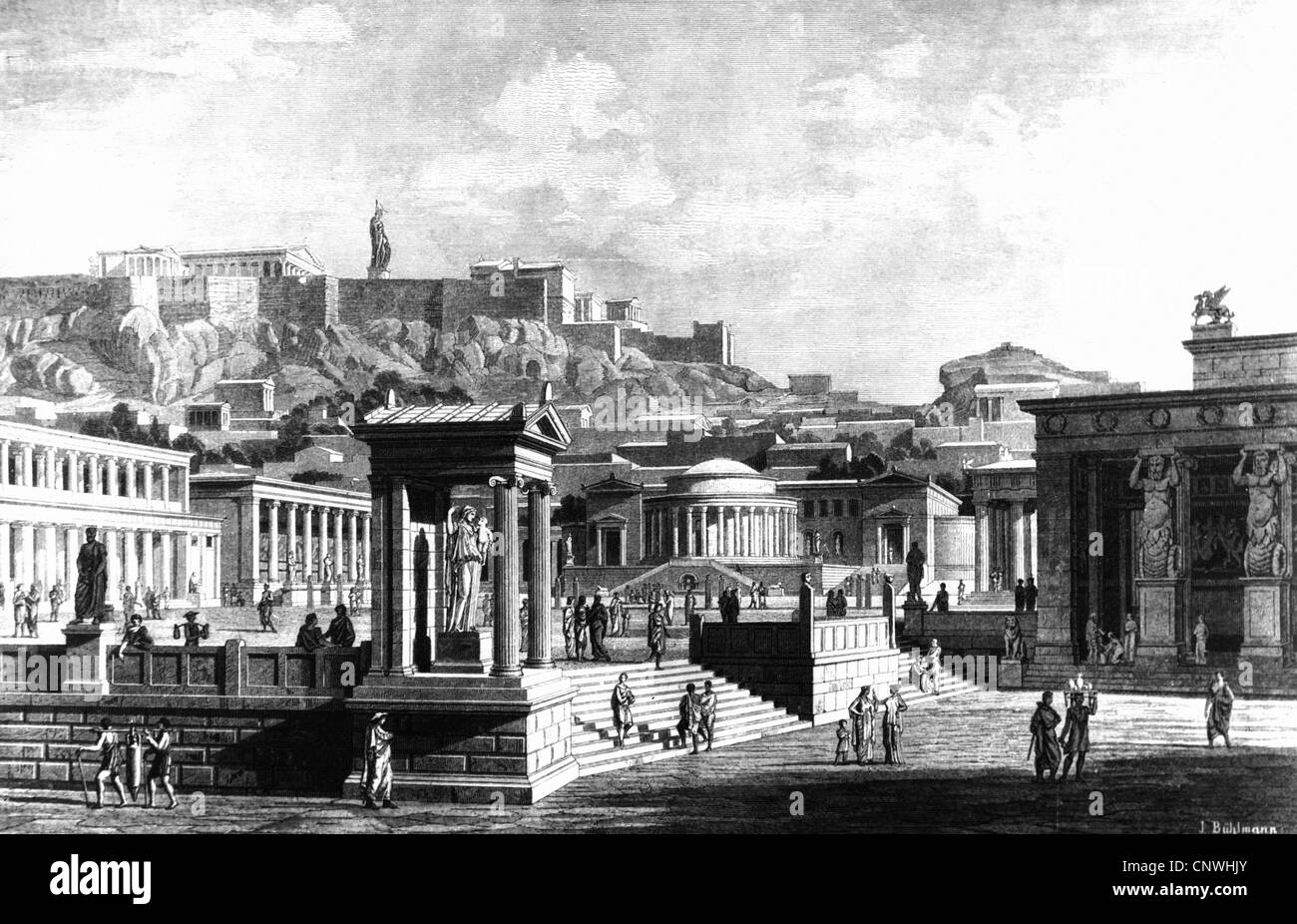 geography / travel, Greece, Athens, agora, view, 5th century BC, reconstruction, wood engraving after drawing by Joseph Buehlmann, late 19th century, market, markets, marketplace, market-place, people, ancient world, ancient times, Hellenes, Hellenes, building, buildings, architecture, archeology, archaeology, Southeast Europe, the Balkans, Balkan Peninsula, historic, historical, ancient world, Additional-Rights-Clearences-Not Available Stock Photo