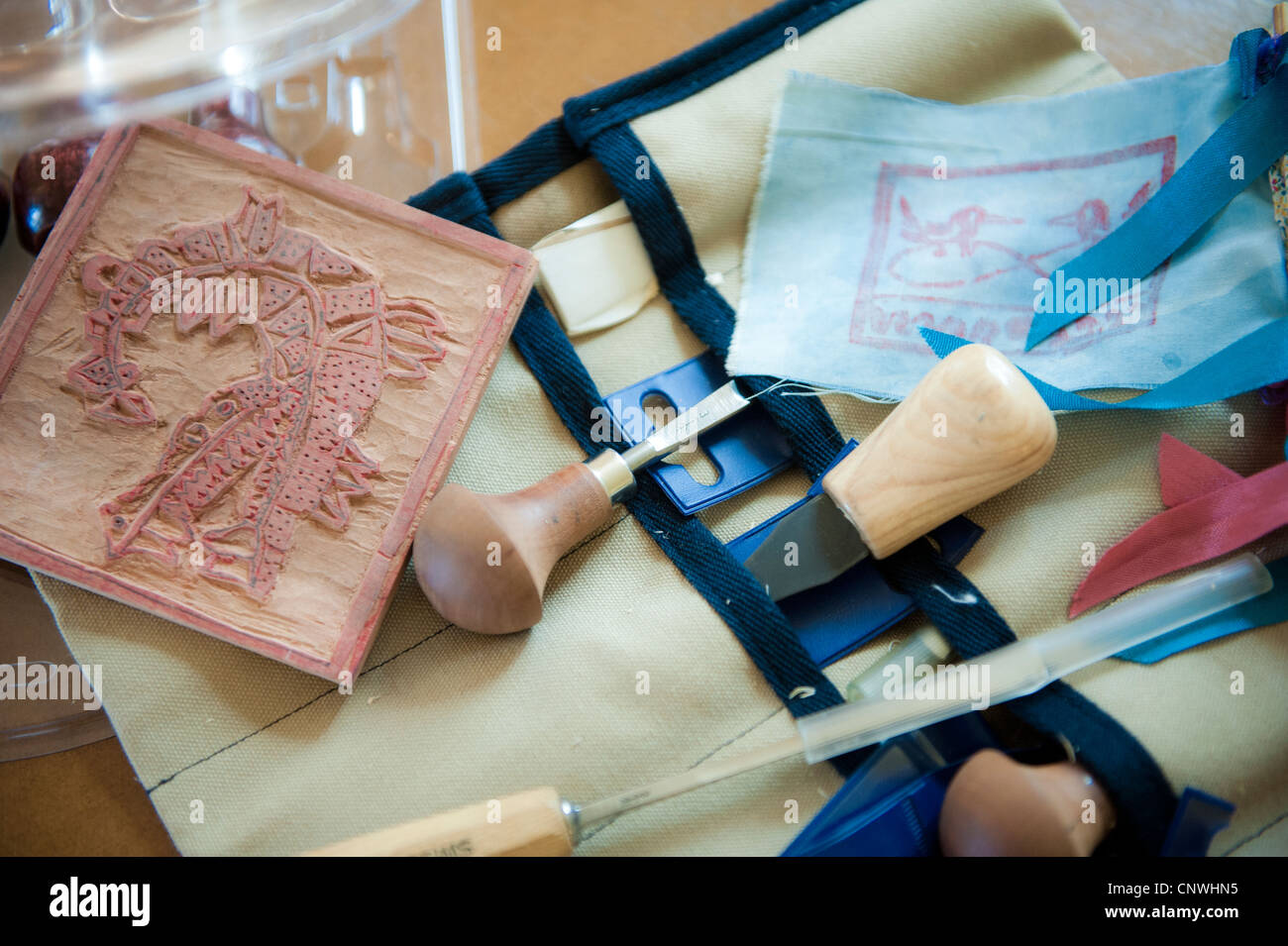 Carving tools and a print block Stock Photo Alamy