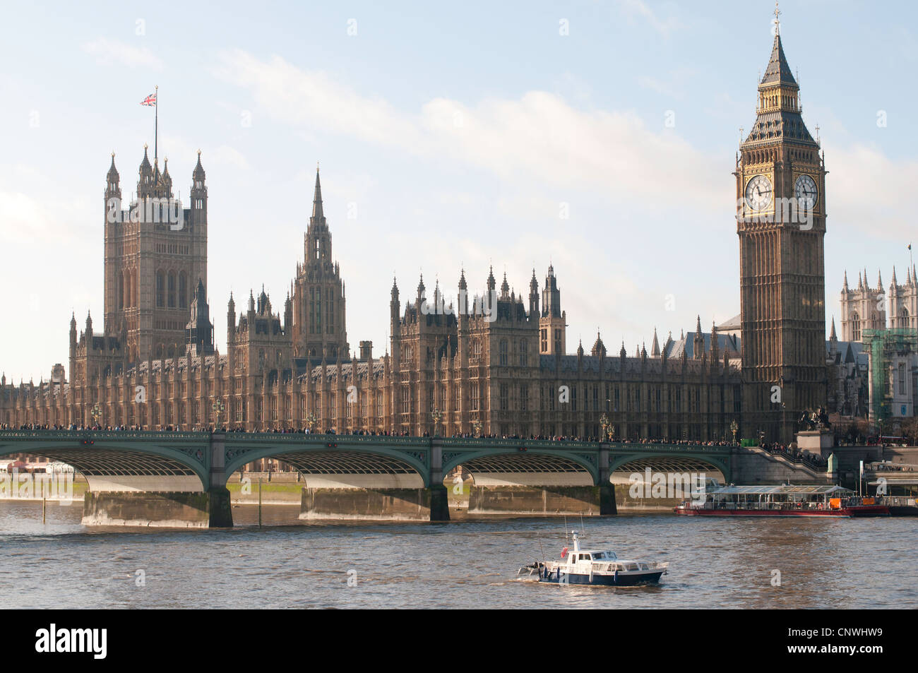 The Palace of Westminster, Westminster Bridge and the River Thames Stock Photo