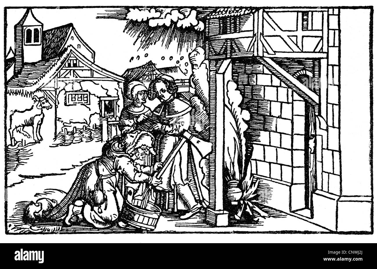 witches, witch milking an axe pole, woodcut, 1551, Additional-Rights-Clearences-Not Available Stock Photo