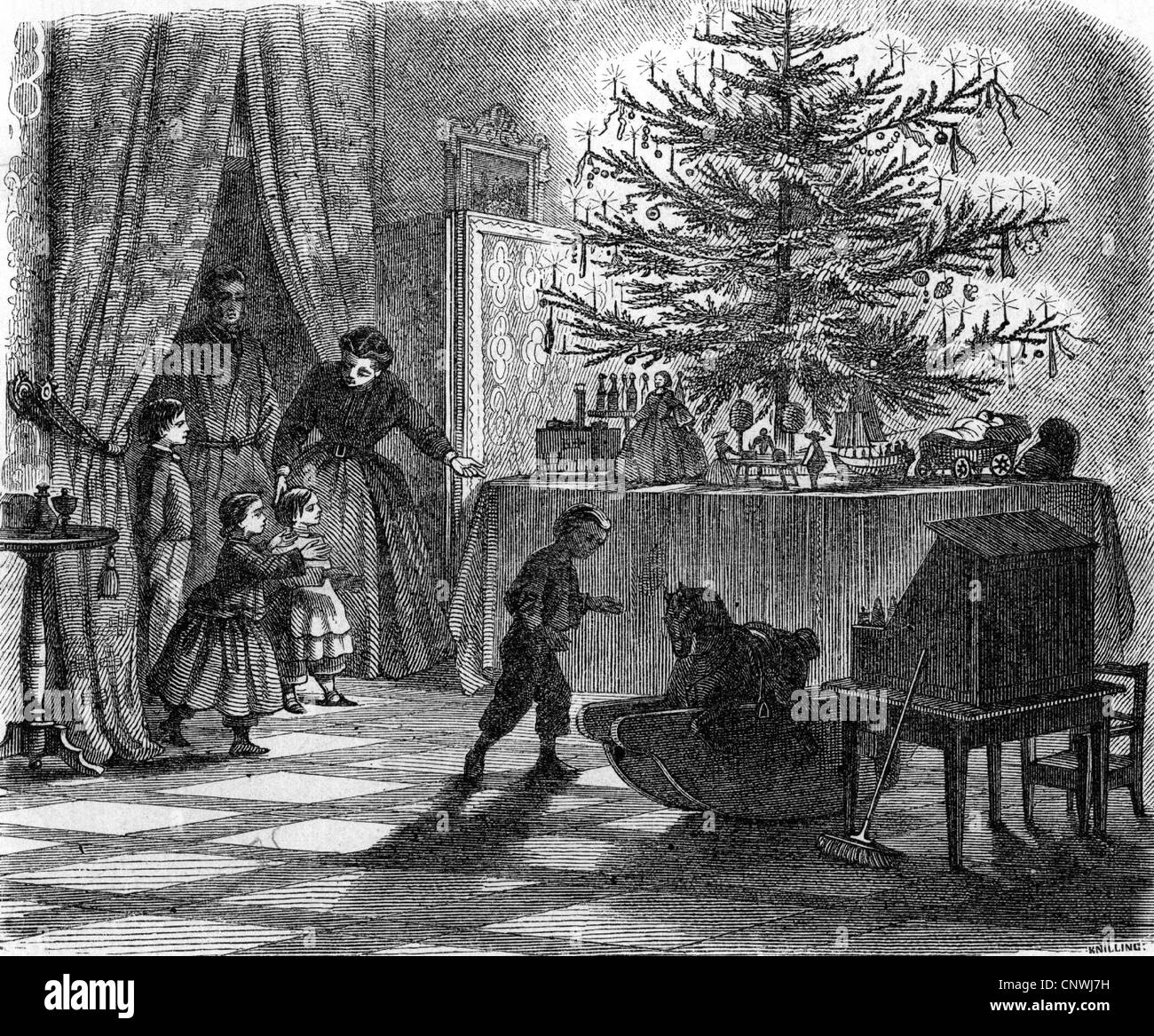 Christmas Eve, family gift giving, wood engraving, circa 1900, Additional-Rights-Clearences-Not Available Stock Photo
