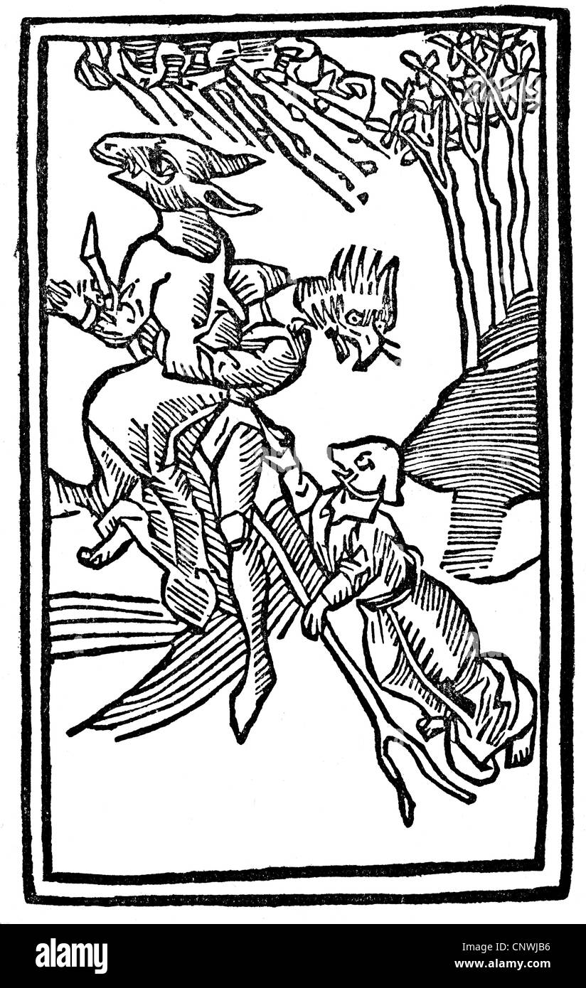 superstition, demons riding to Blocksberg, woodcut, 'Tractatus de lamiis et phitonicis mulieribus' ('Of Witches and Diviner Women') by Ulrich Molitor, Ulm, 1489, Additional-Rights-Clearences-Not Available Stock Photo