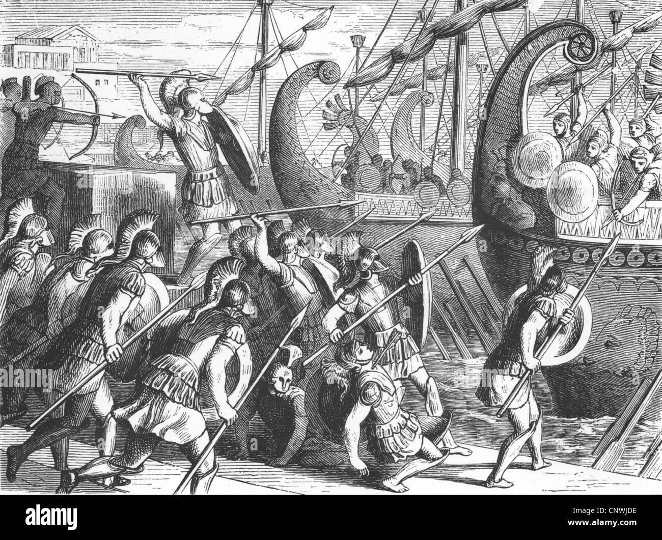 events, Peloponnesian War, 431 - 404 vChr., Spartans under Brasidas defending Methoni against the Athenians, wood engraving, 19th century, Sparta, Athens, Hellas, Greece, fighting, hoplite, warrior, warriors, defense, defence, landing, ship, ships, fight, fighting, battle, battling, historic, historical, ancient world, people, Additional-Rights-Clearences-Not Available Stock Photo
