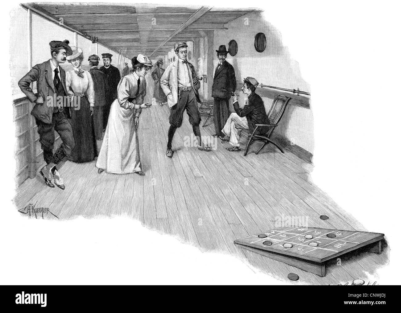 transport / transportation, navigtion, passengers ships, games on board, wood engraving after drawing by C. H. Kuechler, circa 1900, Additional-Rights-Clearences-Not Available Stock Photo