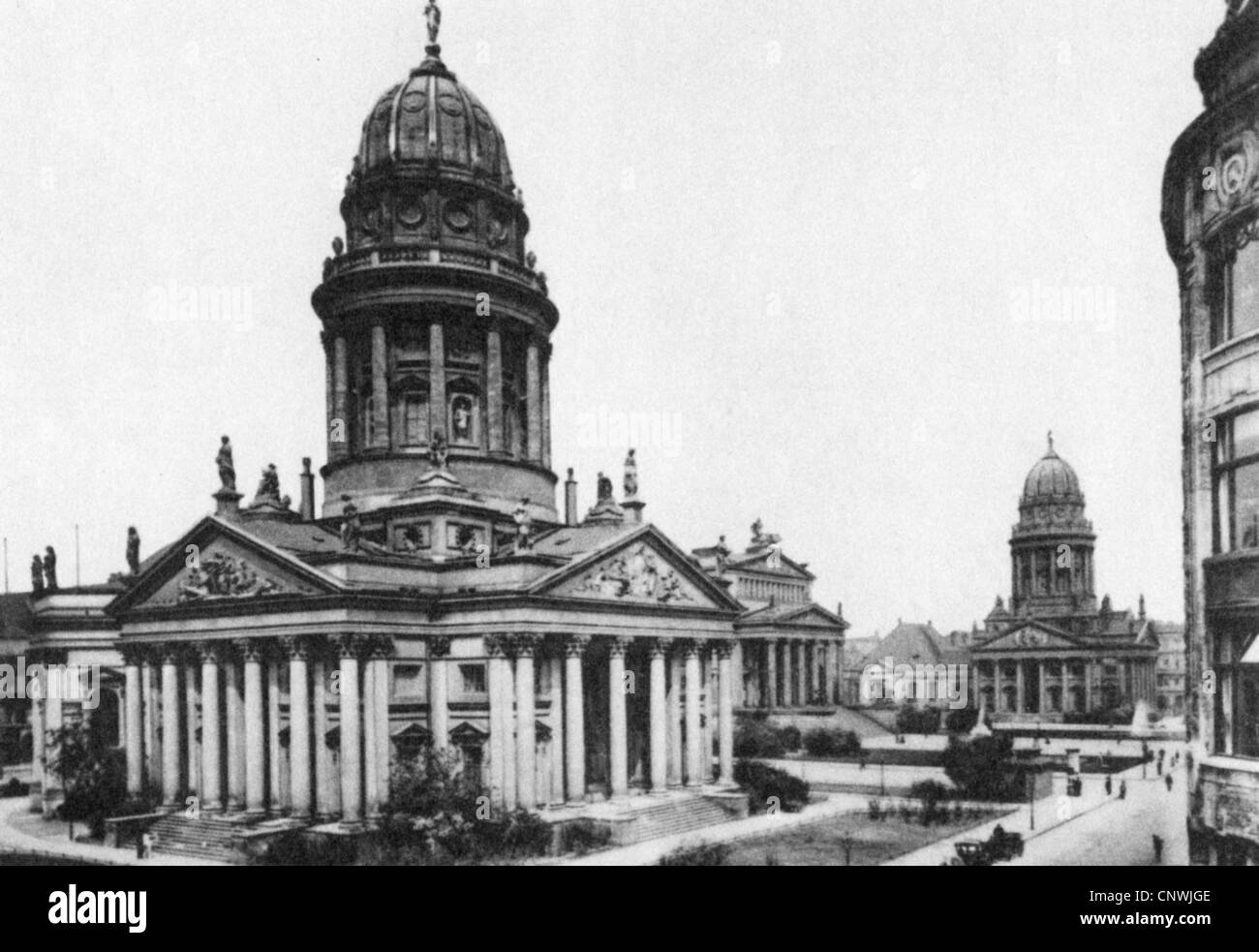 geography / travel, Germany, Berlin, Gendarmenmarkt (1909), square, squares, church, churches, French cathedral, German cathedral, exterior view, Berlin-Mitte, city center, town center, city centres, city centers, town centres, town centers, the city, inner city, midtown, city centre, town centre, urban core, Old Berlin, beadhouse, bedehouse, sacred building, sacred buildings, architecture, Central Germany, Germany, Central Europe, Europe, Prussia, metropolis, German Empire, Imperial Era, historic, historical, 20th century, people, 1900s, Additional-Rights-Clearences-Not Available Stock Photo