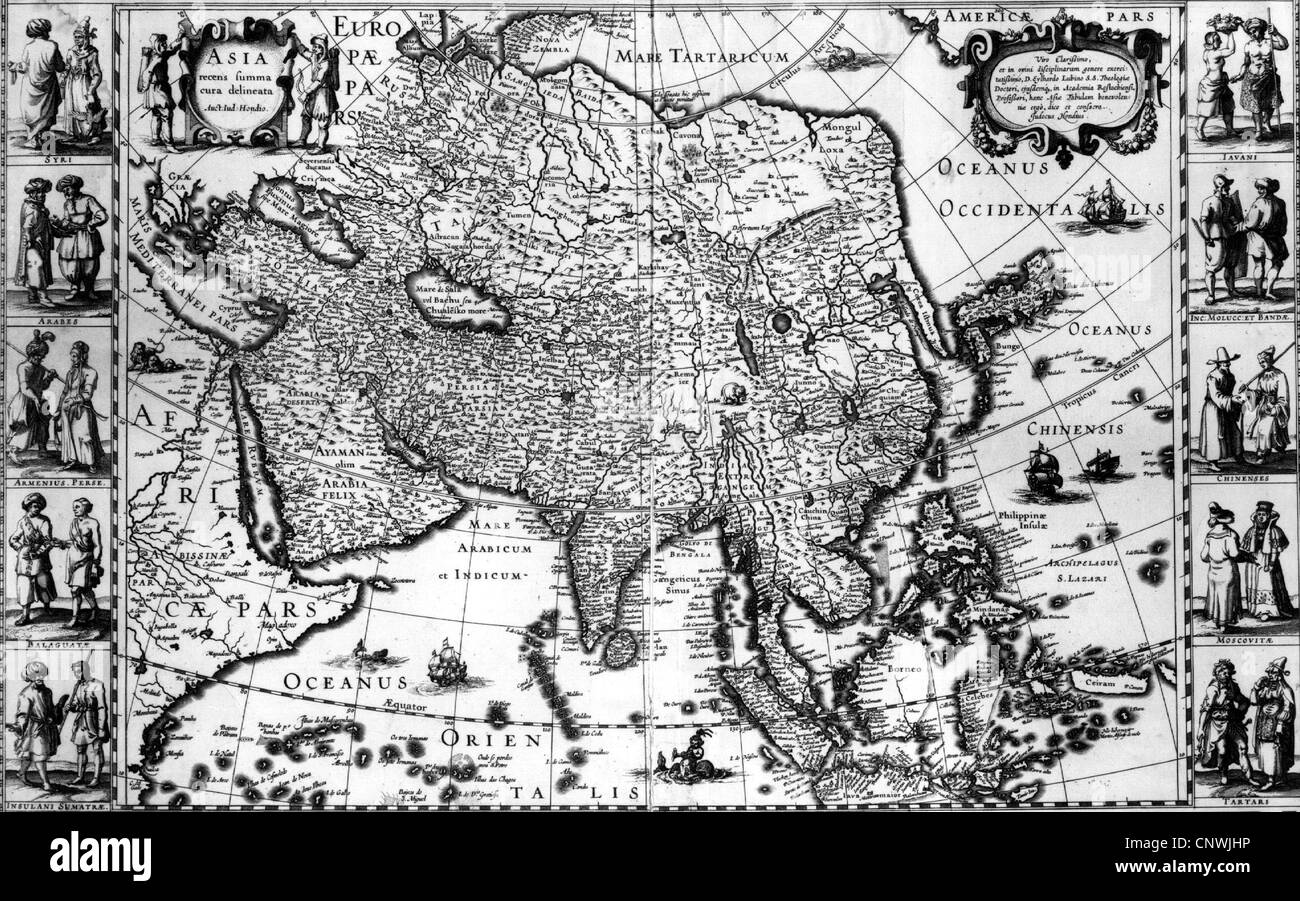 cartography, maps and sea charts, map of Europe, Asia and Africa, 1623, Additional-Rights-Clearences-Not Available Stock Photo