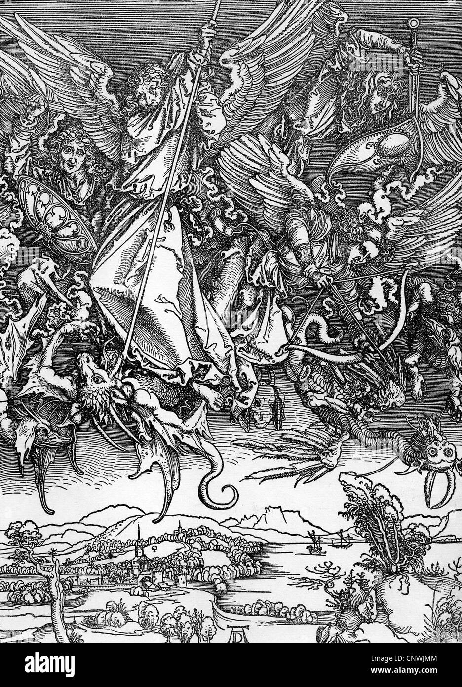 Michael, archangel of the Christianity, full length, during the fight with the dragon, woodcut by Albrecht Duerer (1471 - 1528), Artist's Copyright has not to be cleared Stock Photo