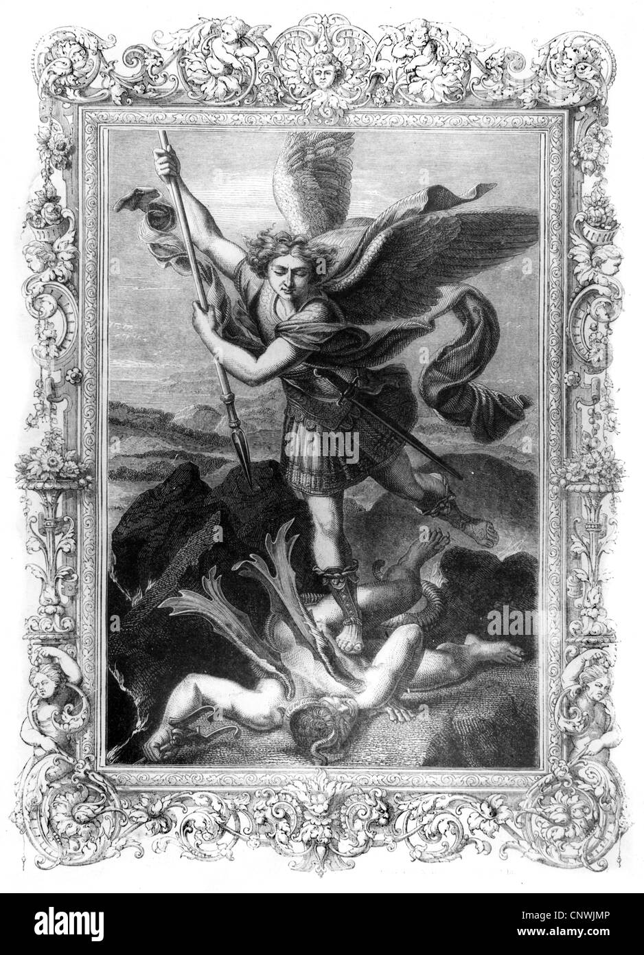 Michael, archangel of the Christianity, full length, struggles the devil, wood engraving out of a German devotional book, 1875, Stock Photo