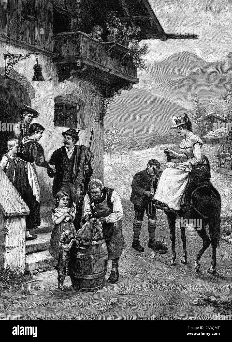 tourism, 'Auf der Alpenreise' (On an Alpine journey), after painting by U.Müller-Linke, wood engraving, 1895, Additional-Rights-Clearences-Not Available Stock Photo
