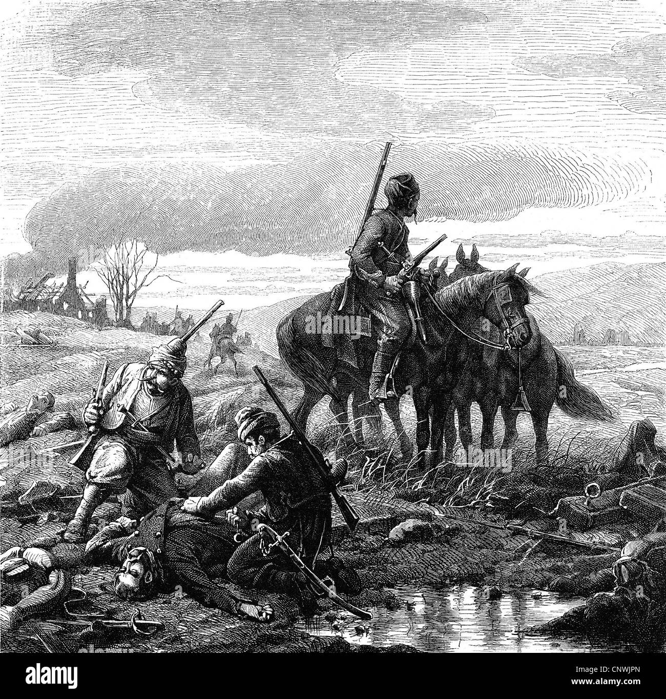 events, Russo-Turkish War (1877  1878), Turkish cavalrymen robbing a dead soldier on the battlefield, wood engraving, 19th century, historic, historical, Russo, Ottoman, stealing, plundering, thiefs, robbers, marauders, body-stripping, death, dead, 19th century, people, Additional-Rights-Clearences-Not Available Stock Photo