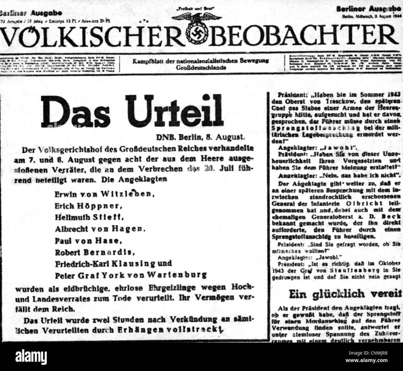 National Socialism, resistance, conviction of some of the main resistance members, catch line, 'Volkischer Beobachter', Berlin  9.8.1944, 'Das Urteil' (The Verdict), Additional-Rights-Clearences-Not Available Stock Photo