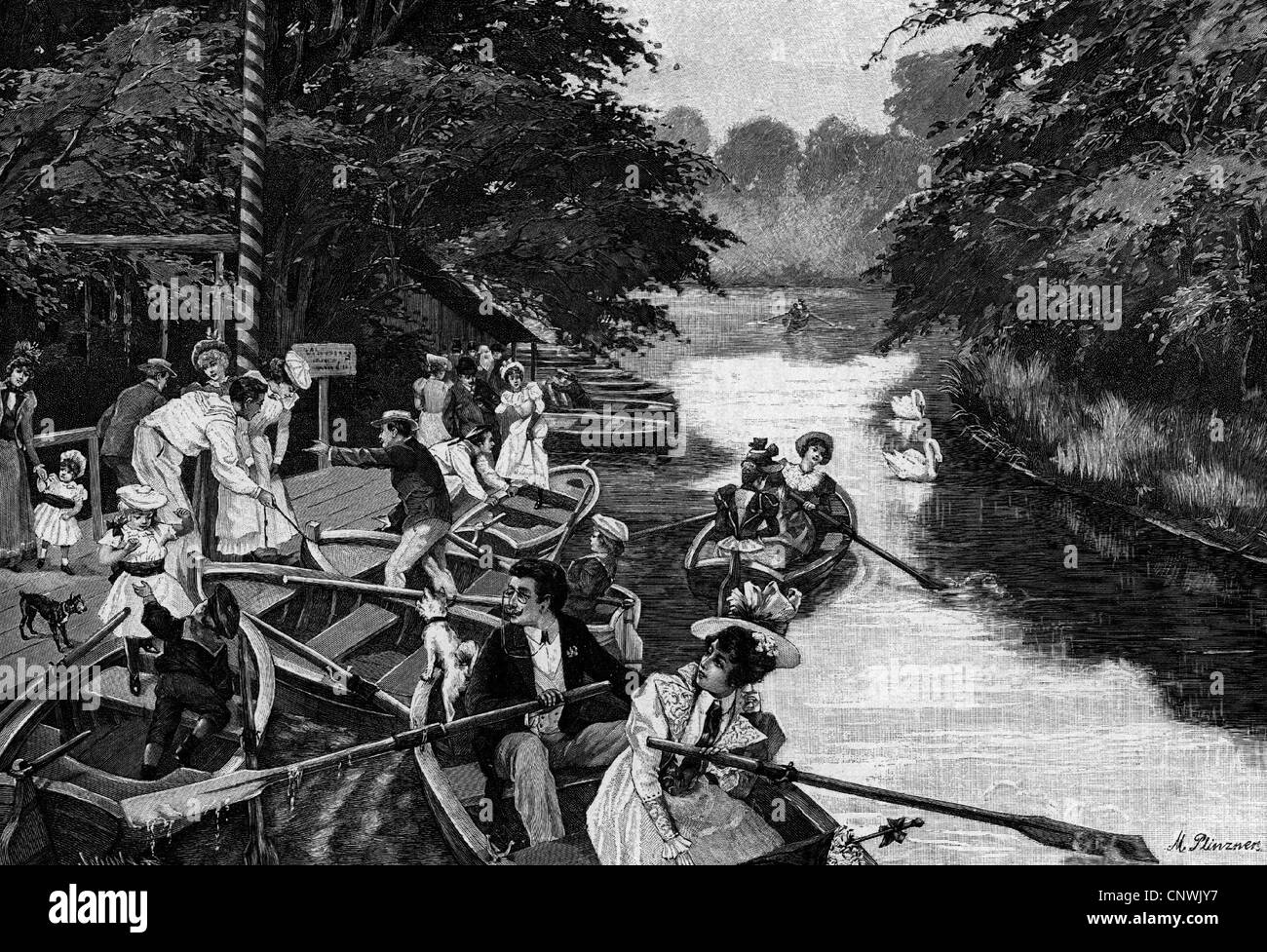 leisure time, trip, 'Am Neuen See im Berliner Tiergarten' (At the new lake in the Tiergarten park of Berlin), drawing by M. Plinzer, circa 1900, Additional-Rights-Clearences-Not Available Stock Photo