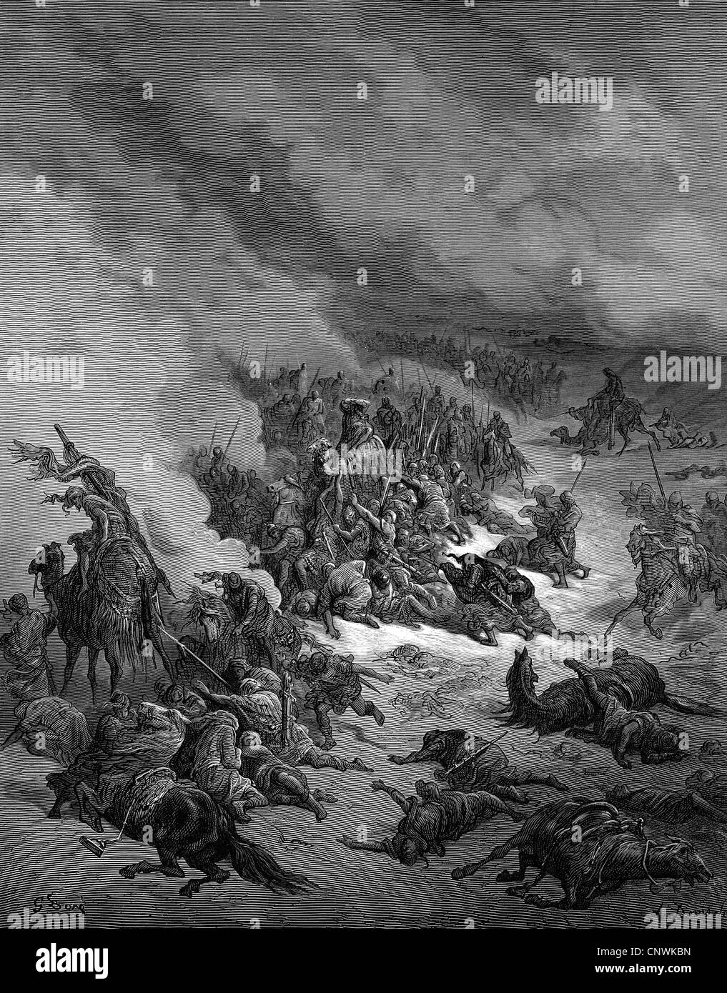 Middle Ages, crusades, Battle of Montgisard, 25.11.1177, the Syrian army in the storm, wood engraving by G. Sorg after drawing by Gustav Dore, 'Histoire des croisades' by Joseph Francois Michaud, 1875, Artist's Copyright has not to be cleared Stock Photo