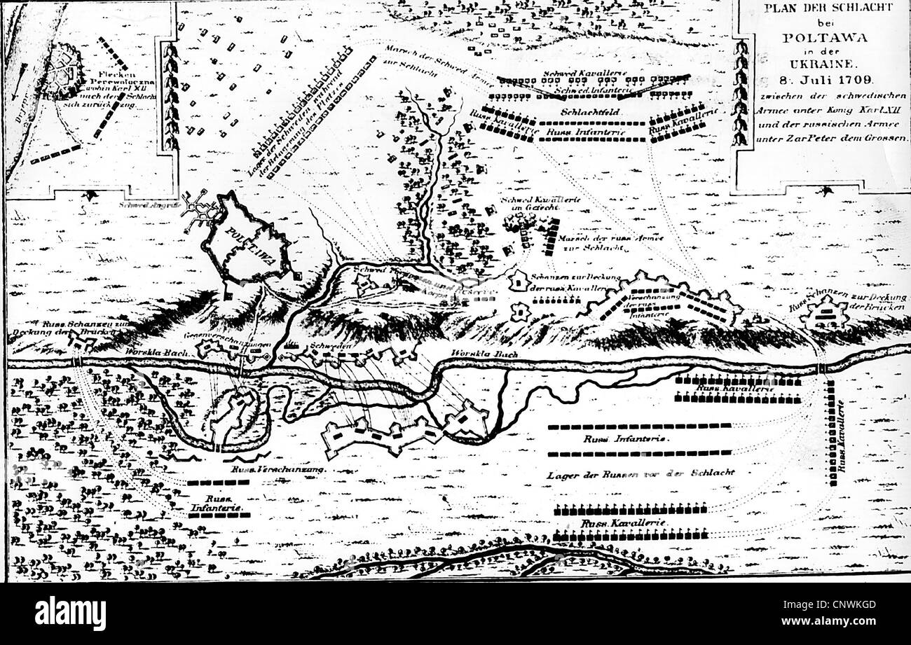 Great Northern War 1700 - 1721, Battle of Poltava, 8.7.1708, between of the Swedish and the Russian army, plan of action, wood engraving, 19th century, ...