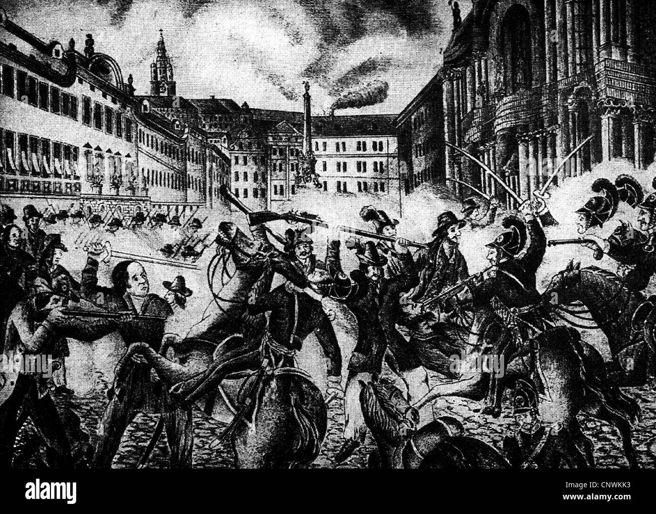events, revolutions of 1848/1849, Prague, Mala Strana, street battle between revolutionists and Austrian soldiers, illustration, 19th century, Additional-Rights-Clearences-Not Available Stock Photo