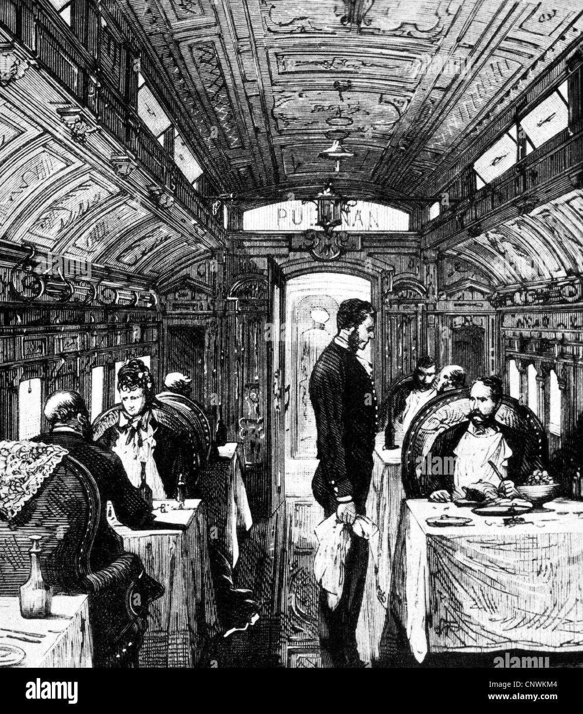 transport / transportation, railway, Pullman dining car, interior view, wood engraving, 1880, Additional-Rights-Clearences-Not Available Stock Photo