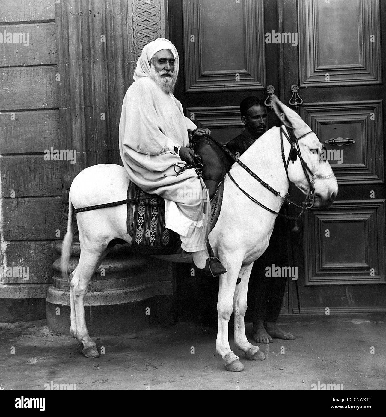 geography / travel, Egypt, people, Sheikh on mule, photography by G.Lekegian & Co., late 19th century, historic, historical, mules, native, Egyptian, Arab, Arabian, old man, servant, servants, riding, rider, donkey, donkeys, animal, Additional-Rights-Clearences-Not Available Stock Photo