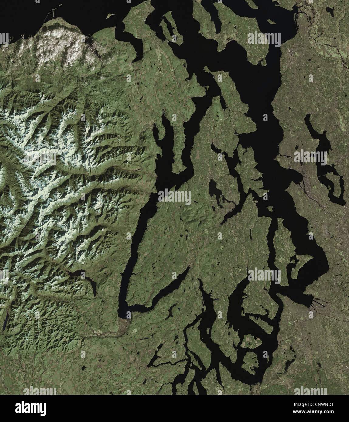 satellite image of Puget Sound, Seattle, Olympic Mountains Washington Stock Photo
