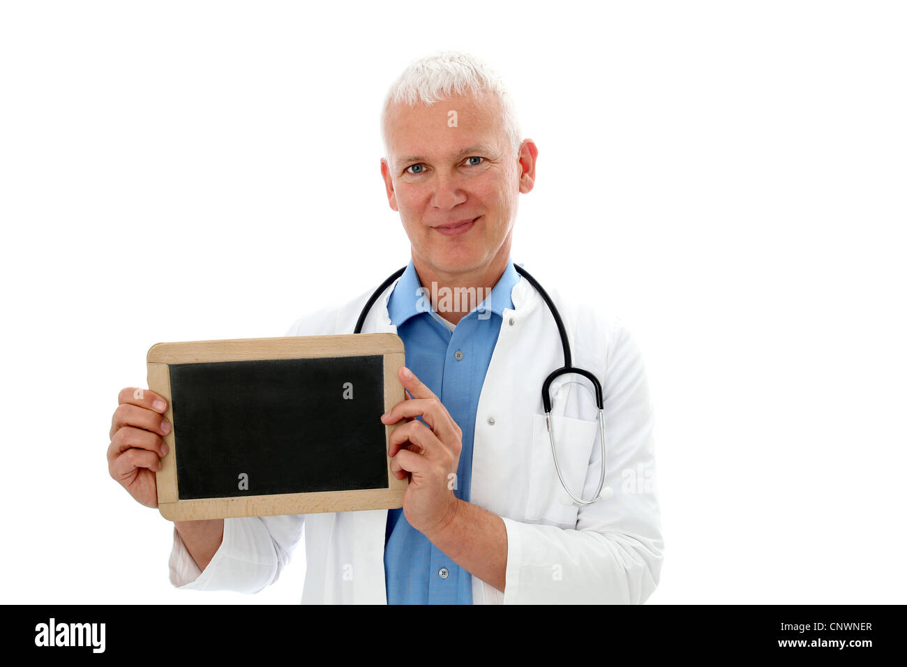 Doctor holding a black board in front of his chest Stock Photo