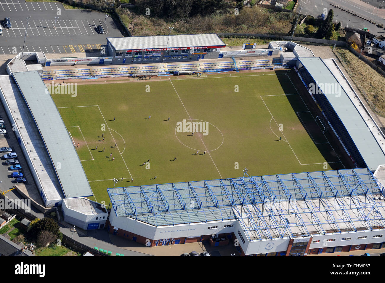Aerial view of football match played at AFC Telford United stadium uk Stock Photo