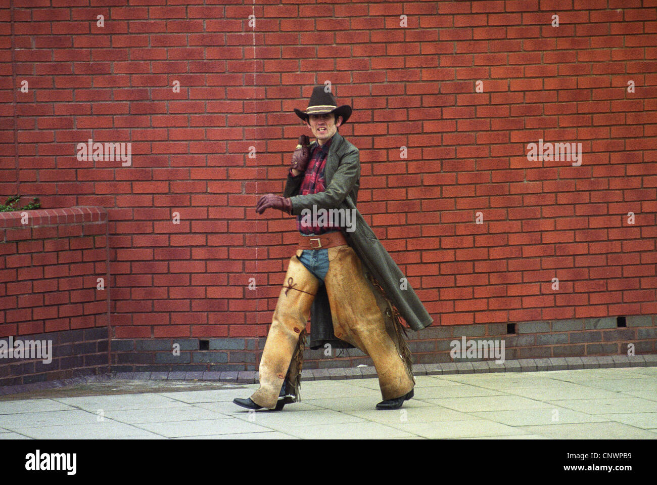 The Urban cowboy David Cox in Wolverhampton, England  2/2/93. He walked around the town as a cowboy for 20 years until he became Stock Photo