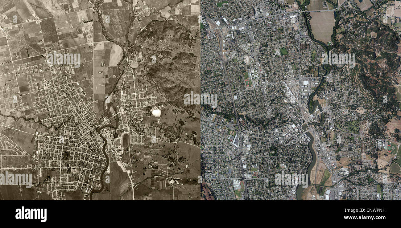 aerial photo map City of Napa, Napa County, California 1946 and 2010 Stock Photo
