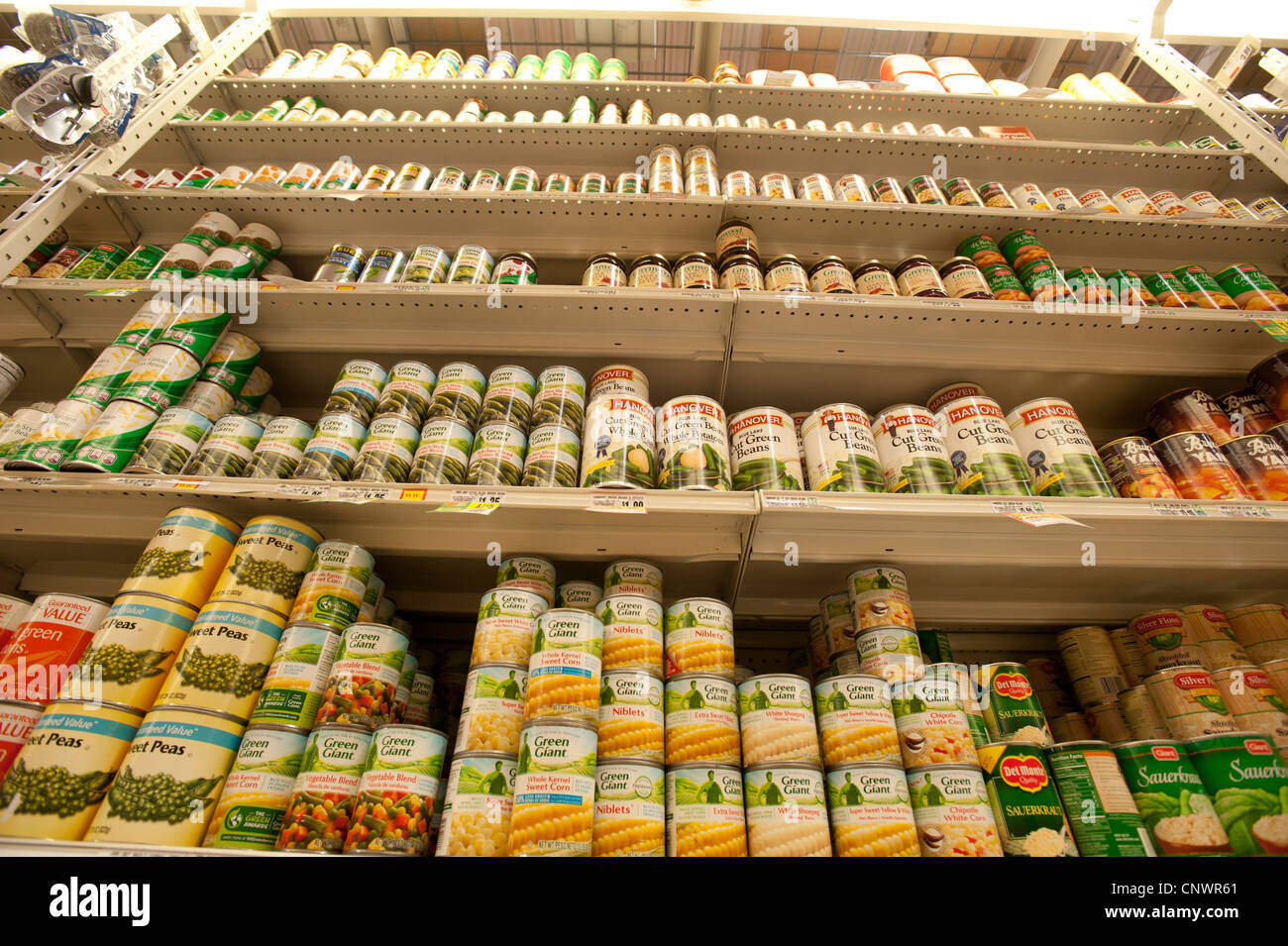 Canned foods isle in the grocery store Stock Photo