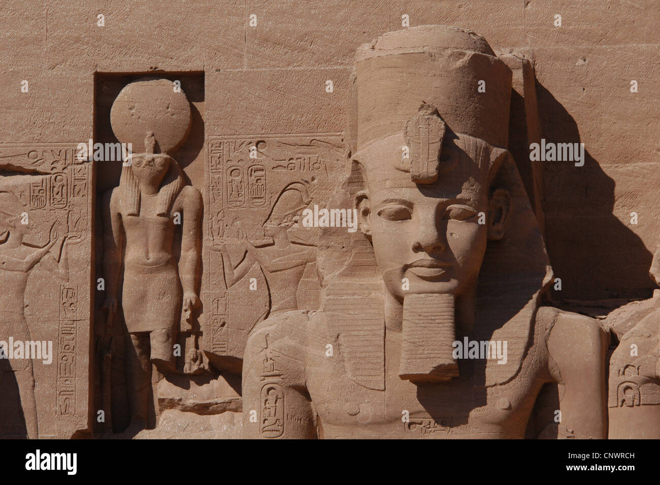 Great Temple decorated with colossal statues of Pharaoh Ramesses II in Abu Simbel, Nubia, Egypt. Stock Photo