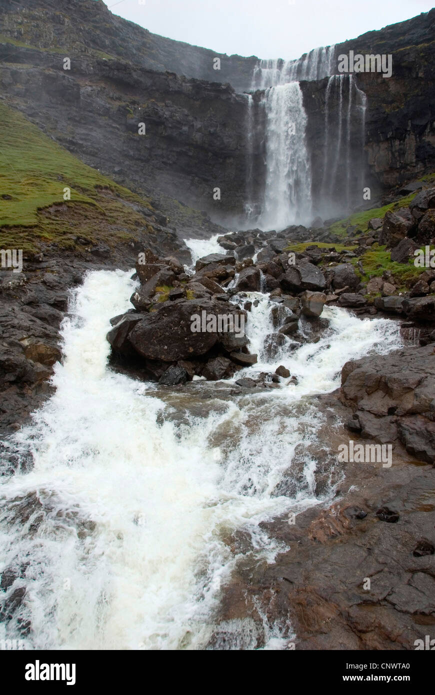 waterfall Fossa, biggest waterfall of Faeroer, Denmark, Faroe Islands, Streymoy Stock Photo