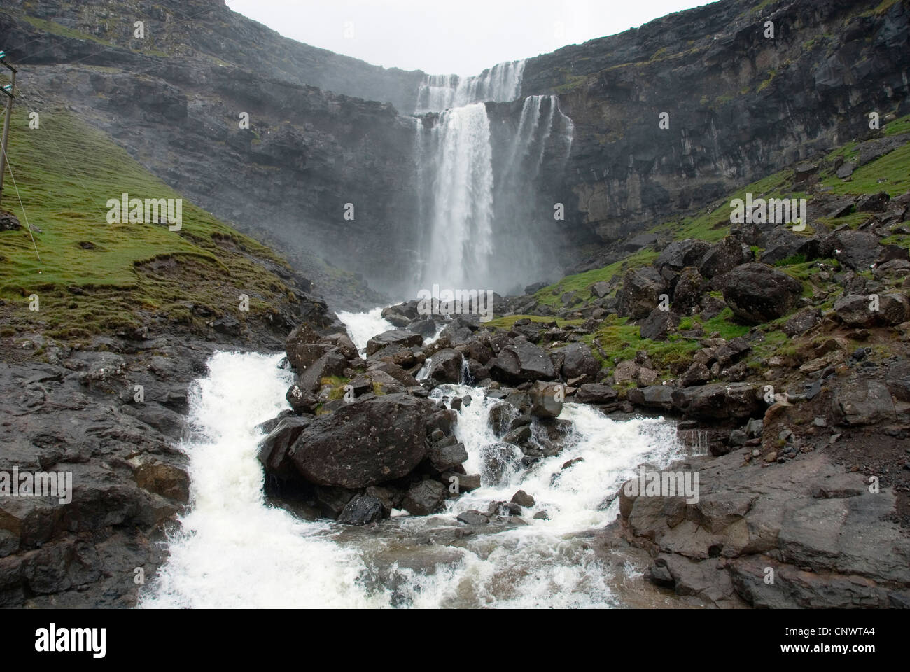 waterfall Fossa, biggest waterfall of Faeroer, Denmark, Faroe Islands, Streymoy Stock Photo