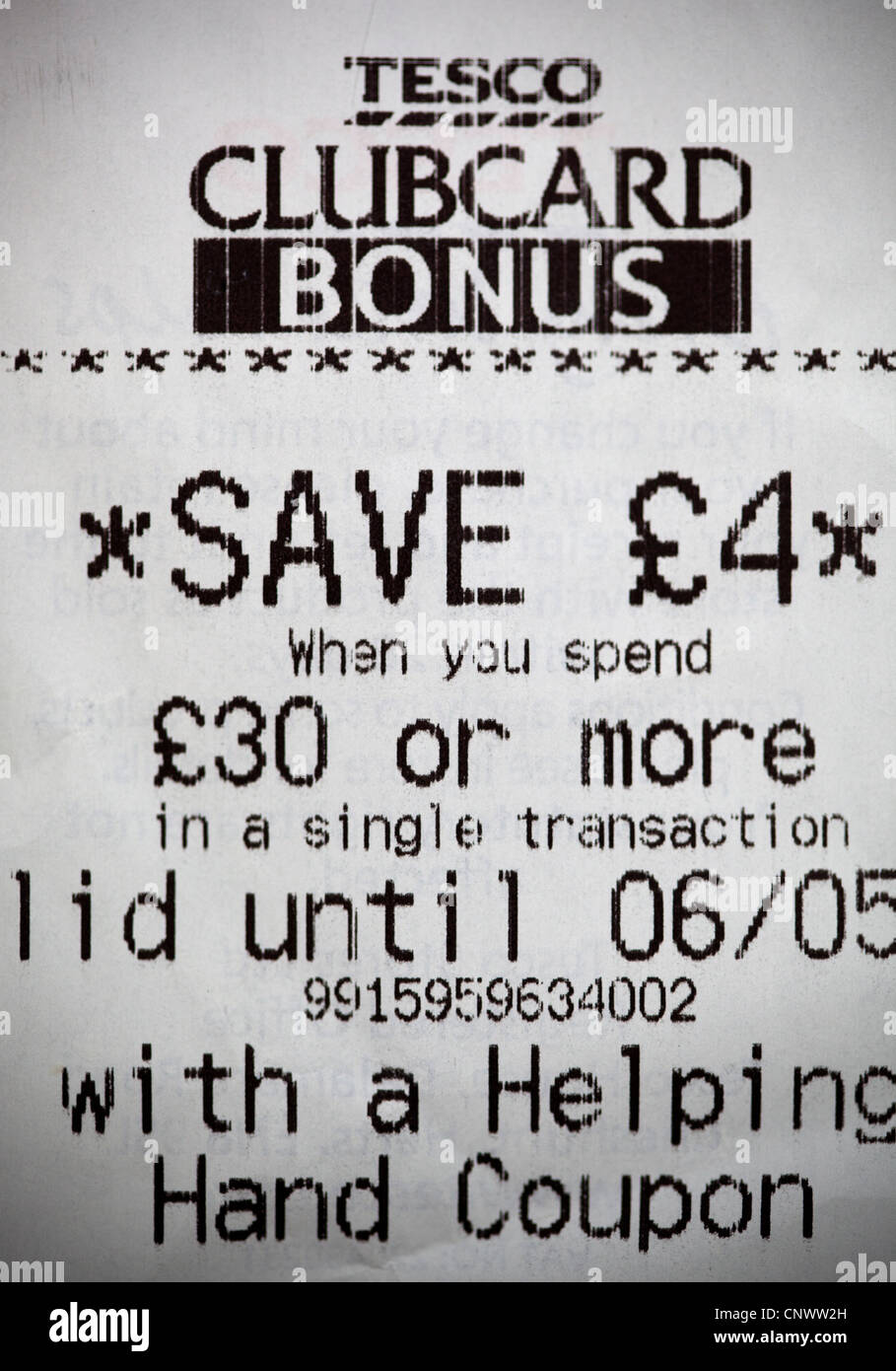 Tesco Clubcard Receipt Bonus Points Receipt Stock Photo