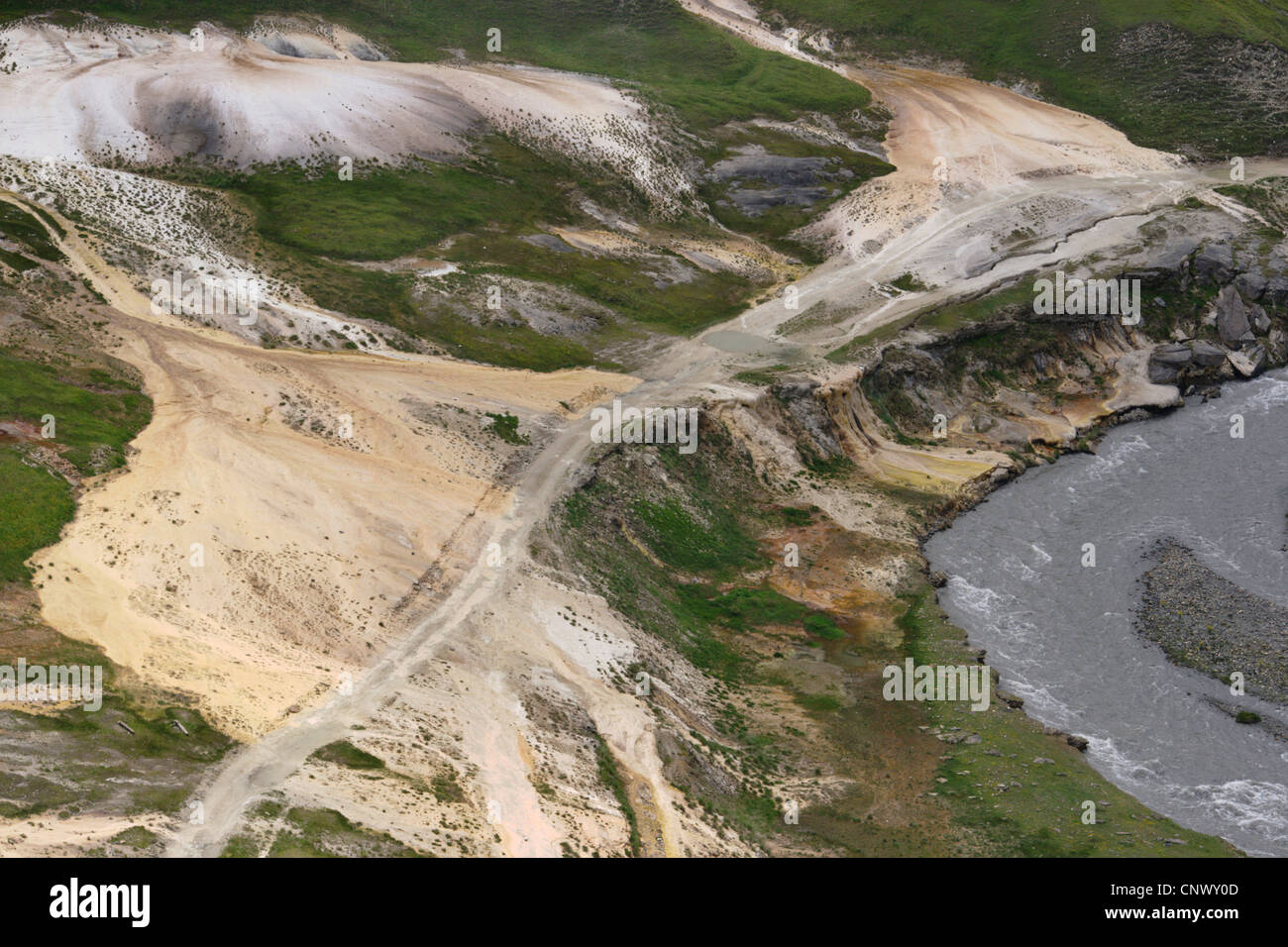 view from mountain top on mineral wells with sinter terraces, Georgia, Truso-Tal Stock Photo