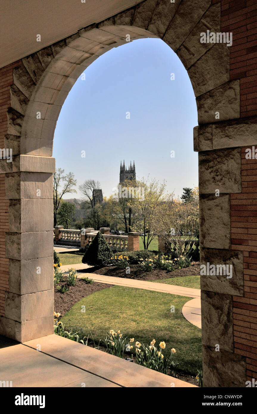 View on Bryn Athyn cathedral through the arch , PA, Pennsylvania, USA