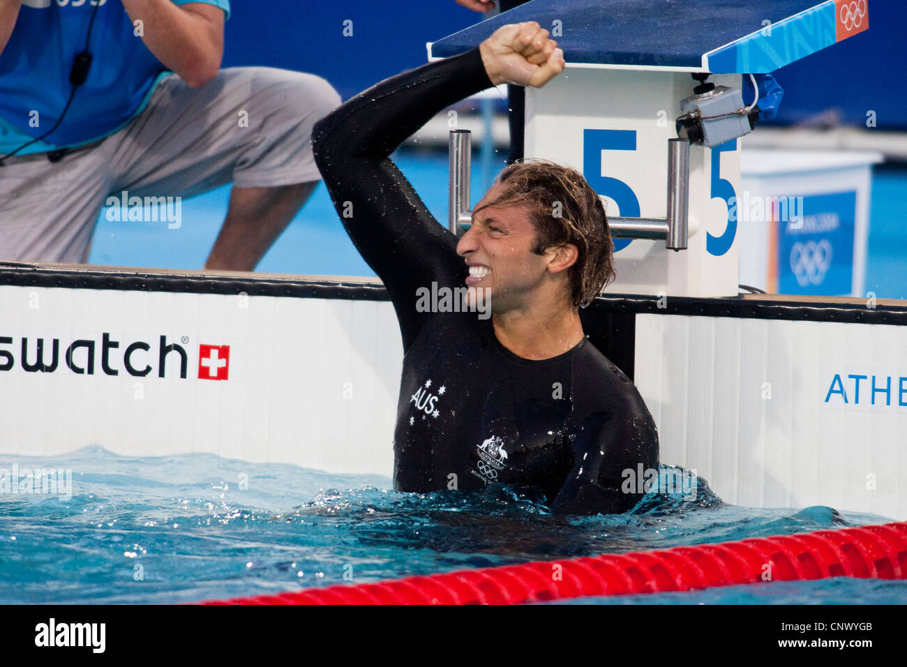 Ian Thorpe (AUS) reacts after winning the gold in the 200 meter free at the 2004 Olympic Summer Games. Stock Photo