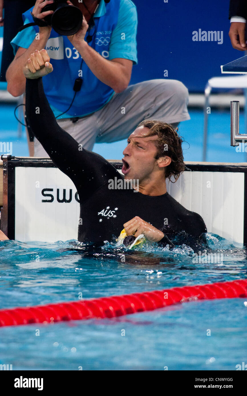 Ian Thorpe (AUS) reacts after winning the gold in the 200 meter free at the 2004 Olympic Summer Games. Stock Photo