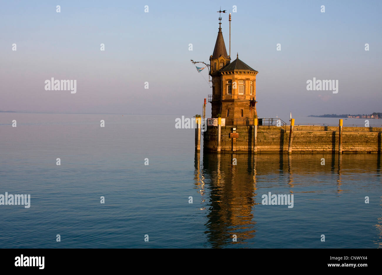 tower building at the end of a pier at the port entrance of Constance at Lake Constance, Germany, Baden-Wuerttemberg, Constance Stock Photo