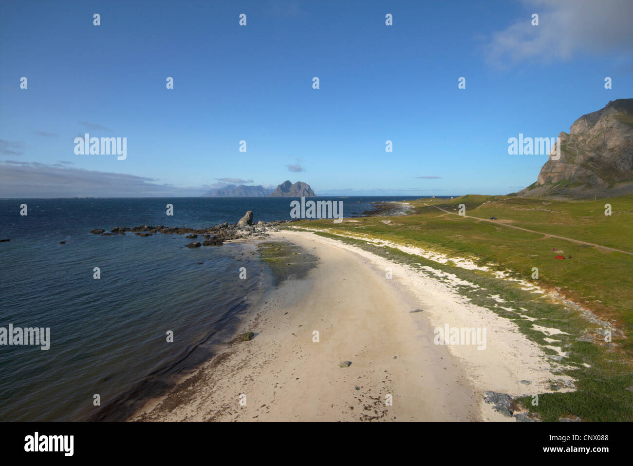 beach of Vaeroy, view to Moskenesoya, Norway, Lofoten Islands Stock Photo